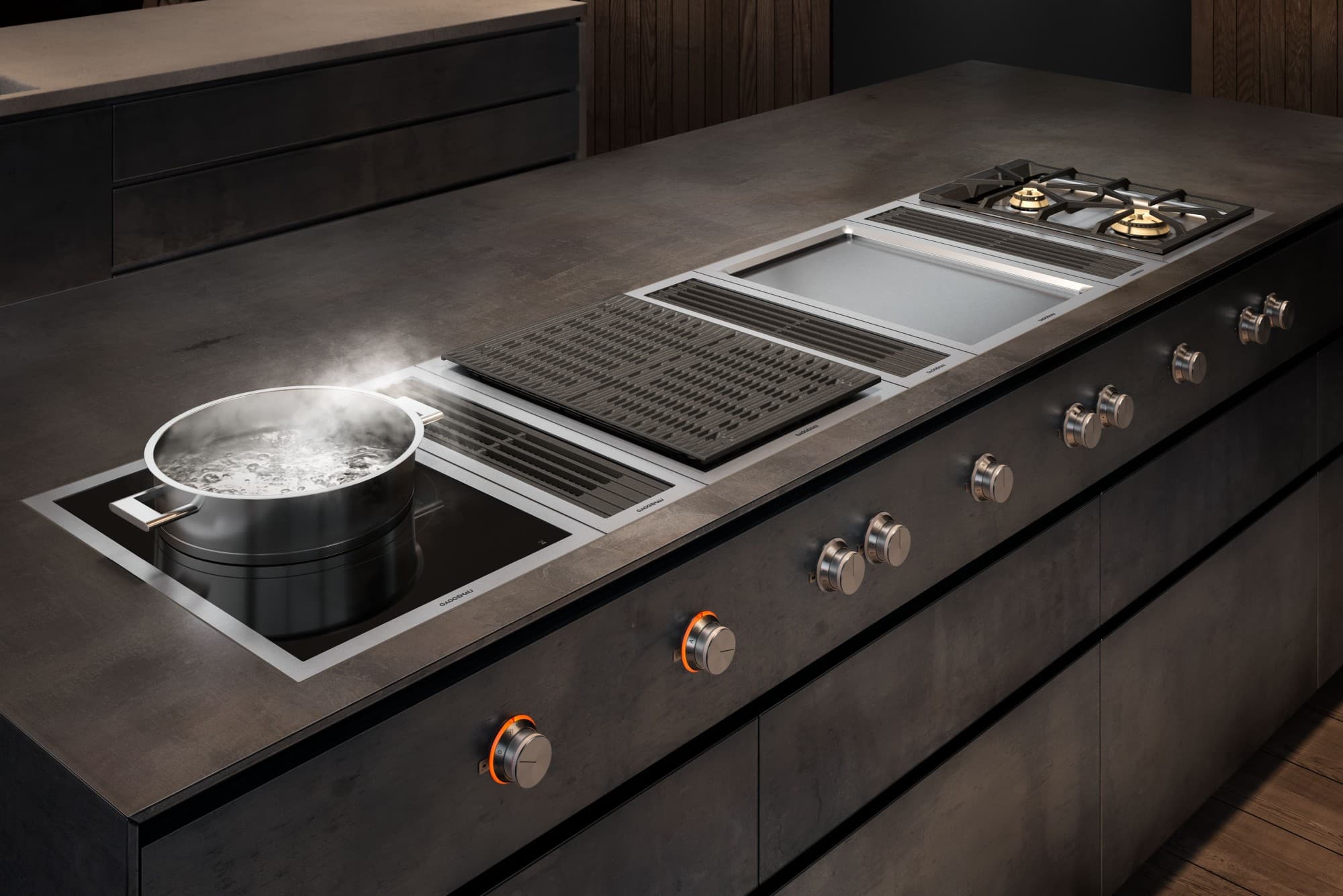 Gaggenau-Vario-Kochgeräte der Serien 400 mit Edelstahl-Bedienknebeln.