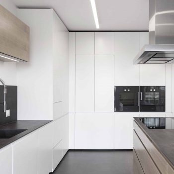 Moderne offene Küche mit Kochinsel aus Holz und weißen Hochschränken in Wien, Österreich