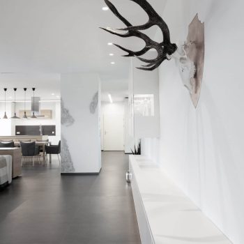 Elegantes weißes Sideboard vor moderner Küche, Wien, Österreich